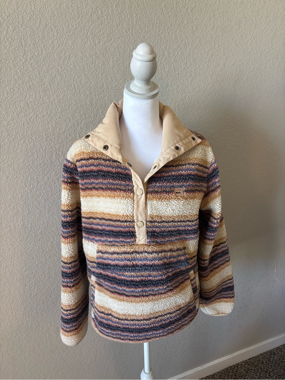 Billabong Striped Sherpa Pullover - Beige, Navy & Rust